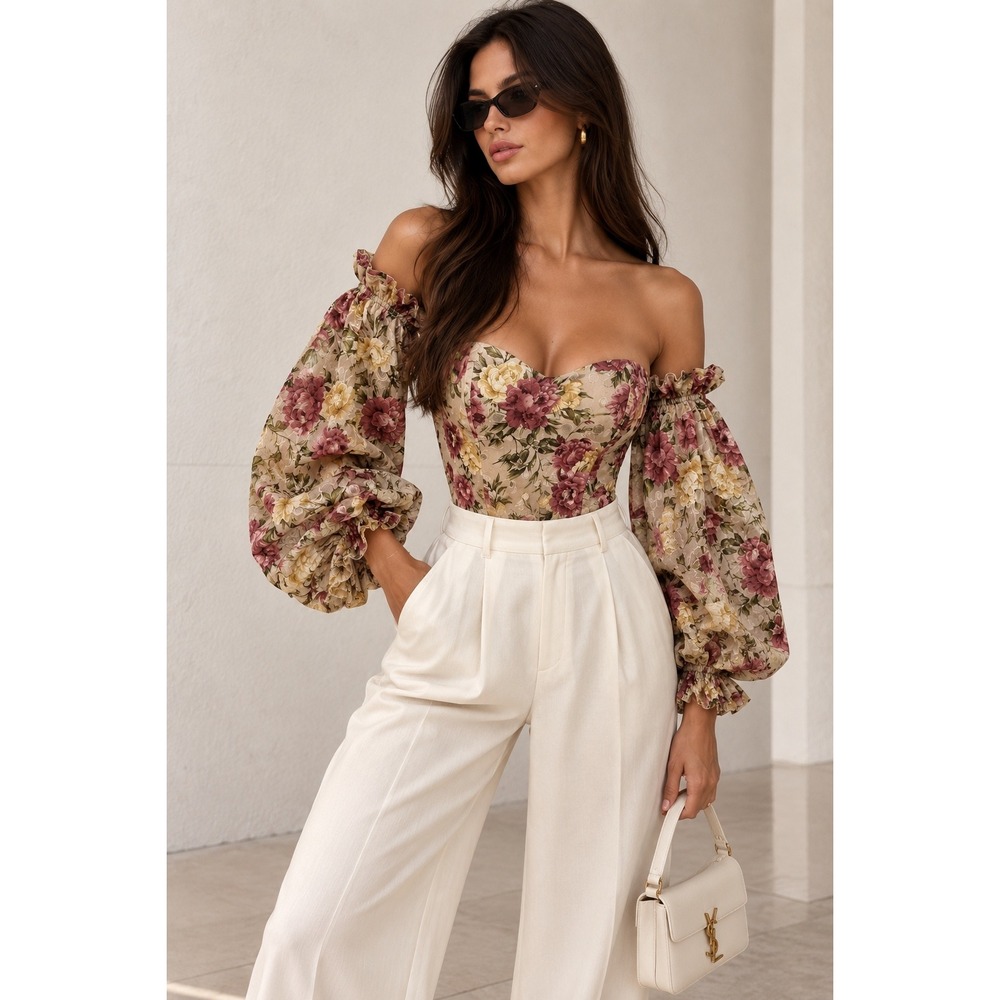 Seven Wonders Floral Bodysuit Blouse Top Off Shoulder Balloon Sleeve US 4